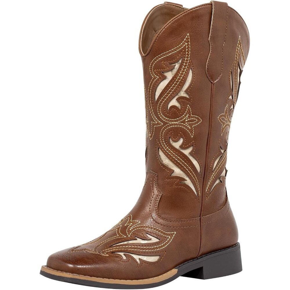 Women's Brown Pu Leather Square Toe Pull On Fashion Western Chunky Cowgirl Boots